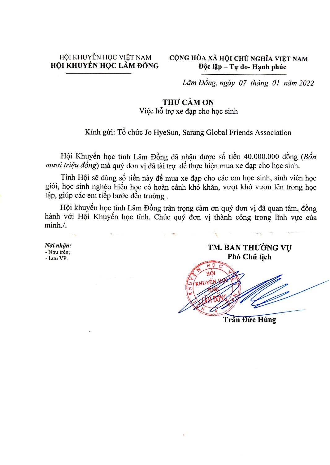 SGF Vietnam Korea ủng hộ 40tr đồng cho hội khuyến học Lâm Đồng để mua xe đạp cho học sinh nghèo hiếu học 3
